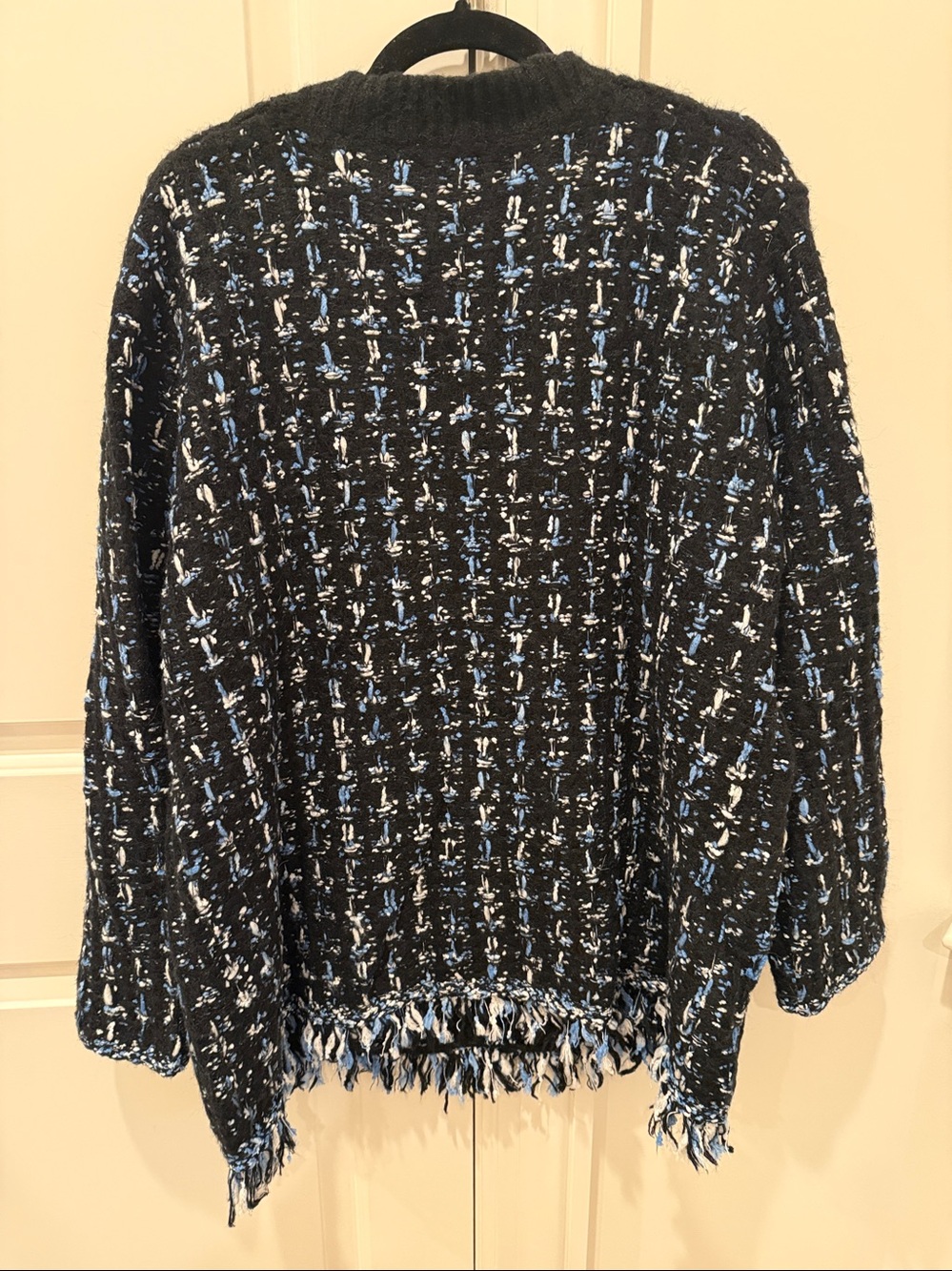 Anthropologie Tweed Fringe Cardigan Size XL Blk/Blu/Wht - Picture 2 of 6